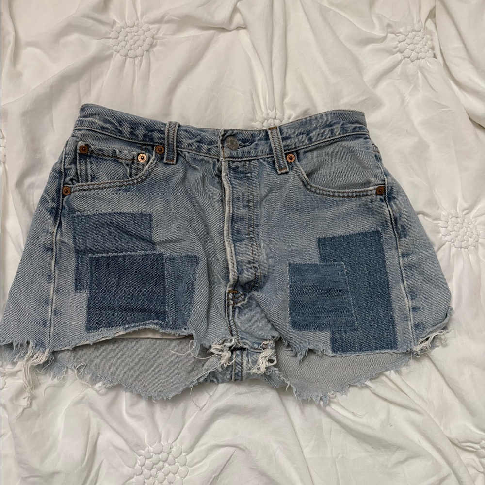 Levi's Distressed Patchwork Blue Denim 501 Shorts